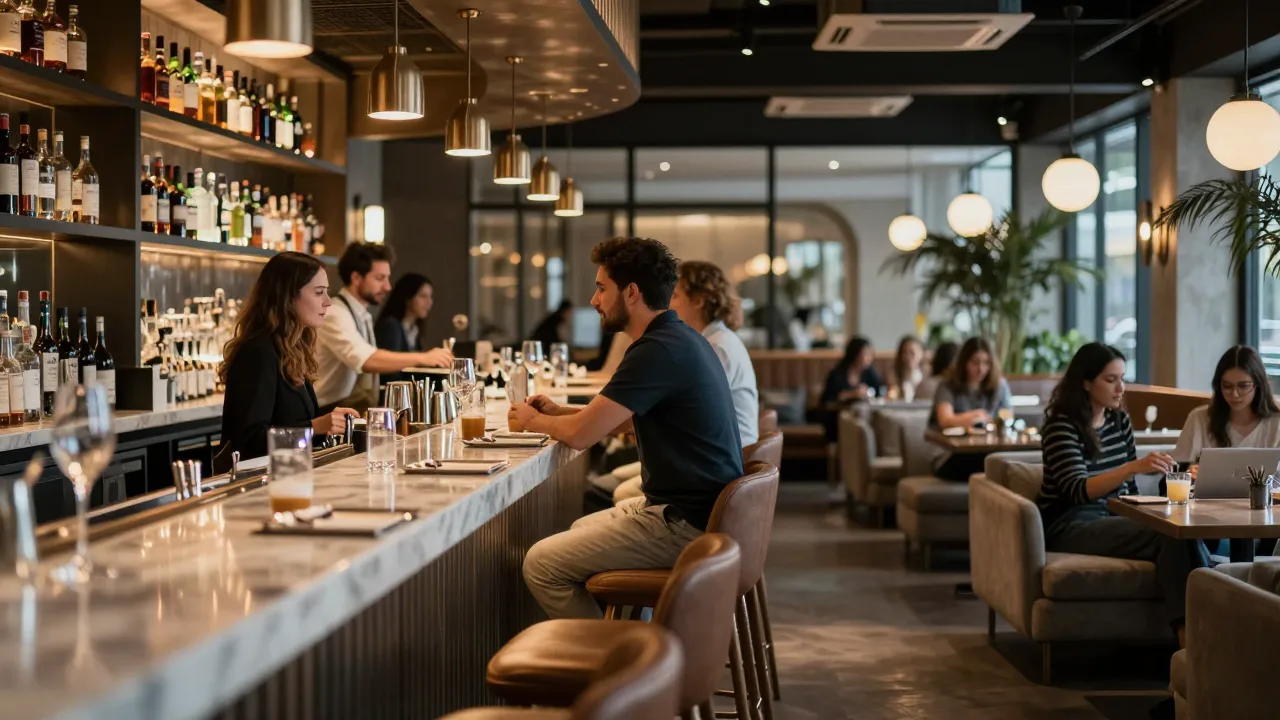 Modern restaurant bar with guests seated along the rail and a soft lounge seating area on the opposite side in warm evening light