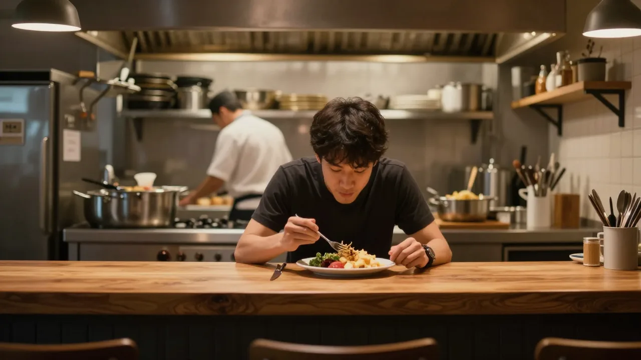 Solo diner seated comfortably at a wooden kitchen counter facing an open kitchen with cooks working behind