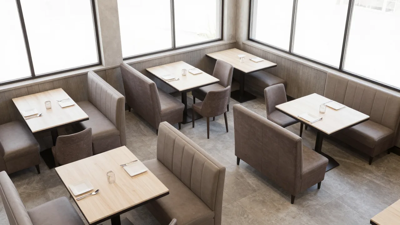 Overhead view of an empty restaurant dining room showing booths, four-tops and two-tops arranged in clear zones under daylight