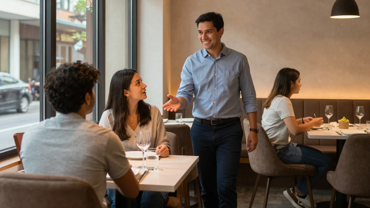 Restaurant host walking two guests to a window booth in a warm dining room during evening service