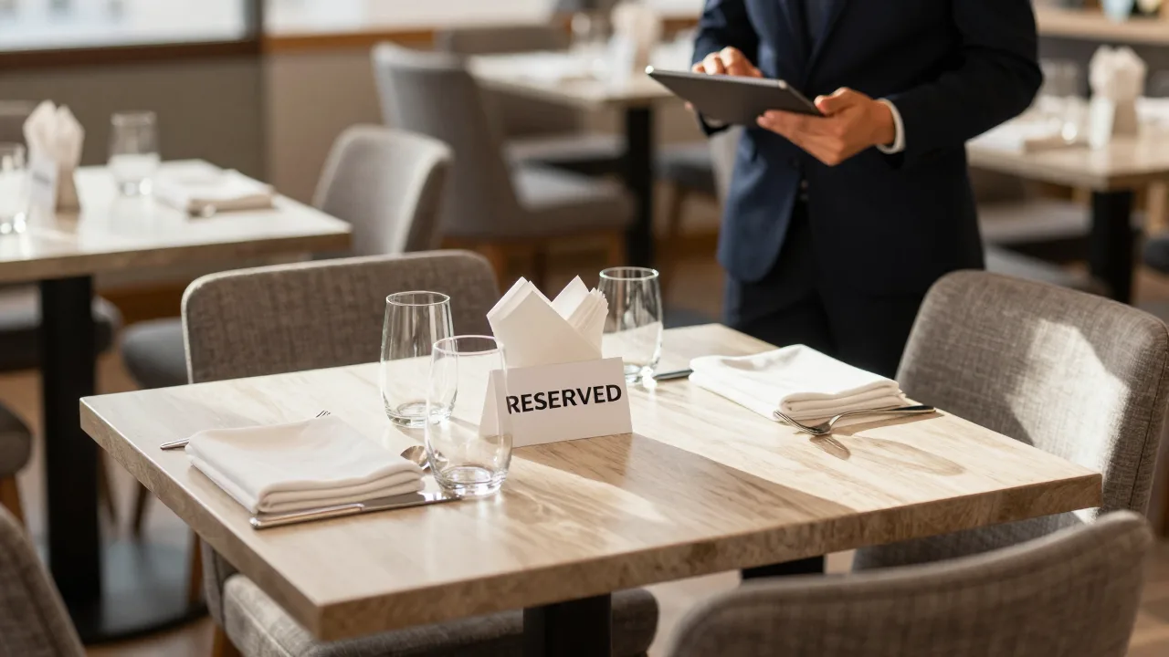 Restaurant dining room before service with tables held for reservations and a host reviewing the seating chart on a tablet